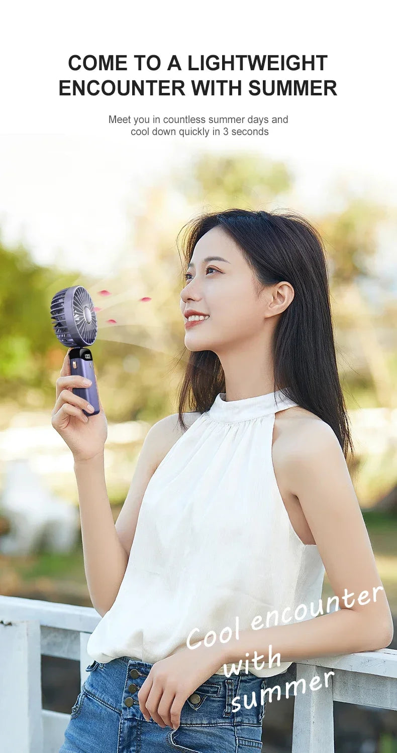 Portable 5 Speed USB Fan with Phone Holder & Digital Display- Rechargeable, Quiet & Powerful
