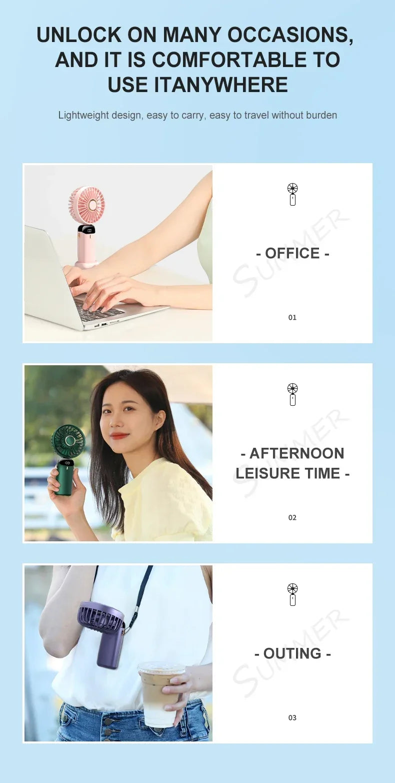 Portable 5 Speed USB Fan with Phone Holder & Digital Display- Rechargeable, Quiet & Powerful