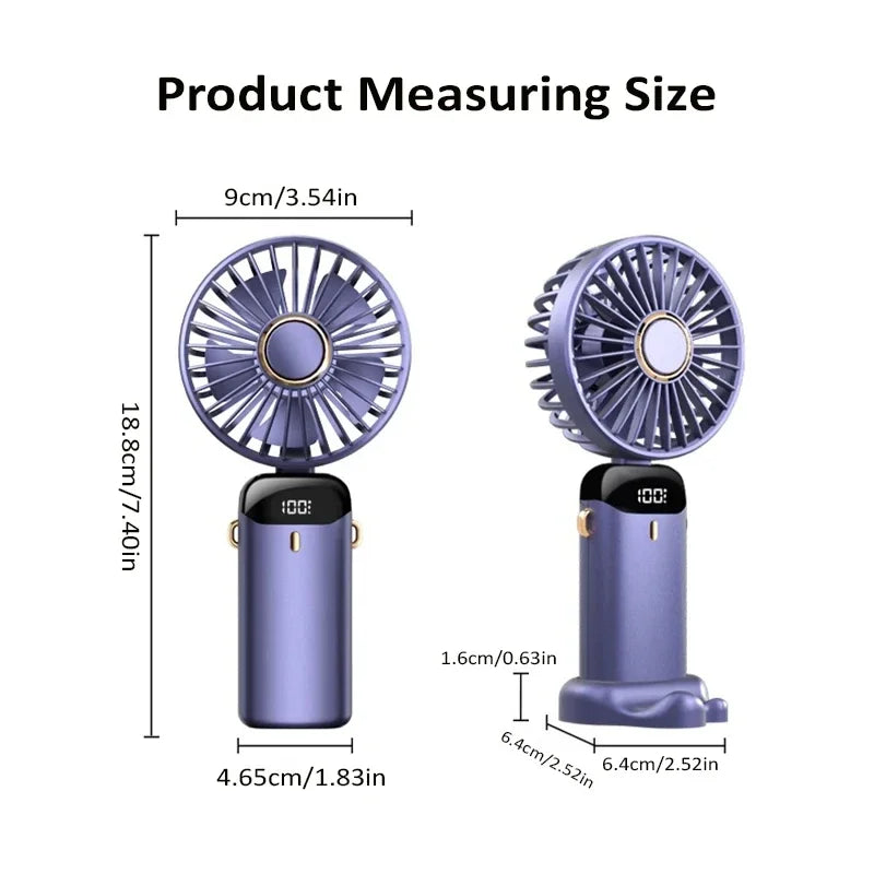 Portable 5 Speed USB Fan with Phone Holder & Digital Display- Rechargeable, Quiet & Powerful