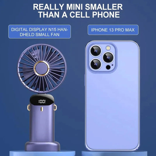 Portable 5 Speed USB Fan with Phone Holder & Digital Display- Rechargeable, Quiet & Powerful
