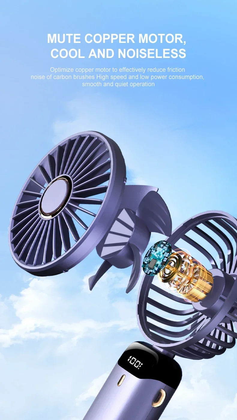 Portable 5 Speed USB Fan with Phone Holder & Digital Display- Rechargeable, Quiet & Powerful