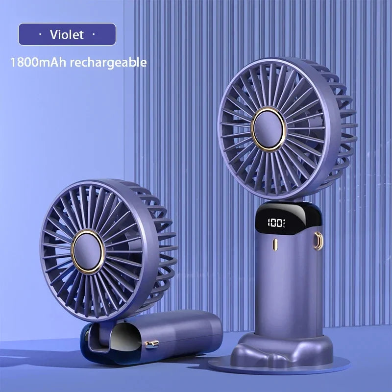 Portable 5 Speed USB Fan with Phone Holder & Digital Display- Rechargeable, Quiet & Powerful