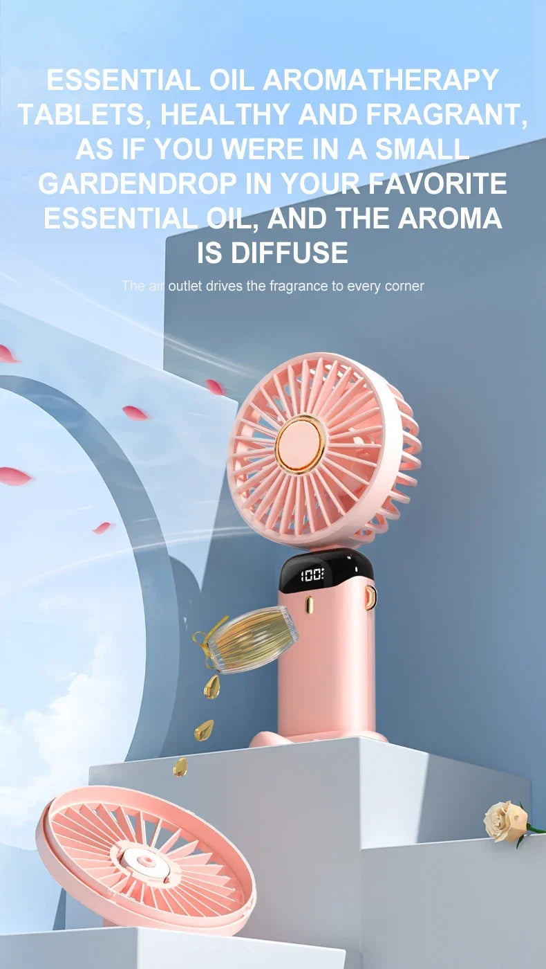 Portable 5 Speed USB Fan with Phone Holder & Digital Display- Rechargeable, Quiet & Powerful