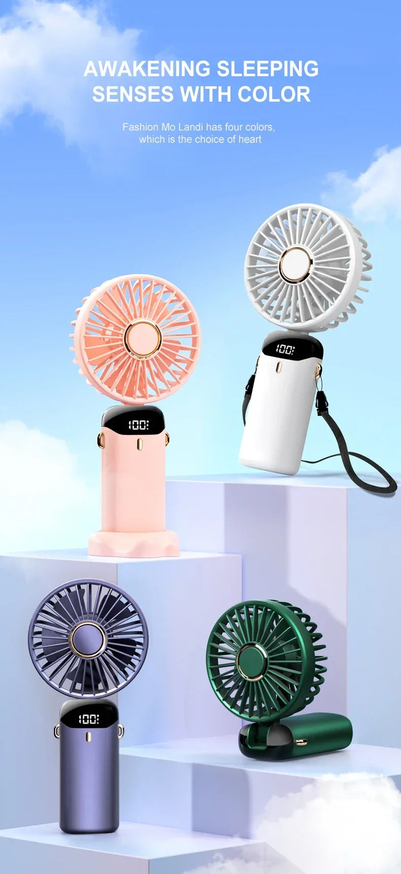 Portable 5 Speed USB Fan with Phone Holder & Digital Display- Rechargeable, Quiet & Powerful