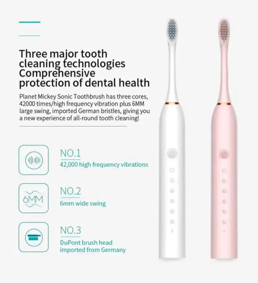 Waterproof  Sonic Electric Toothbrush with 6 Cleaning Modes