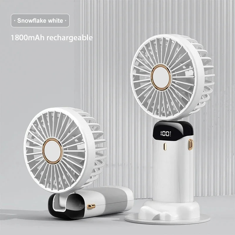 Portable 5 Speed USB Fan with Phone Holder & Digital Display- Rechargeable, Quiet & Powerful