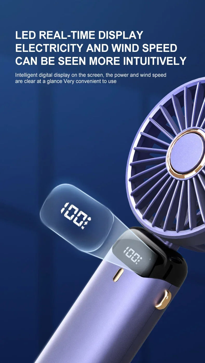Portable 5 Speed USB Fan with Phone Holder & Digital Display- Rechargeable, Quiet & Powerful