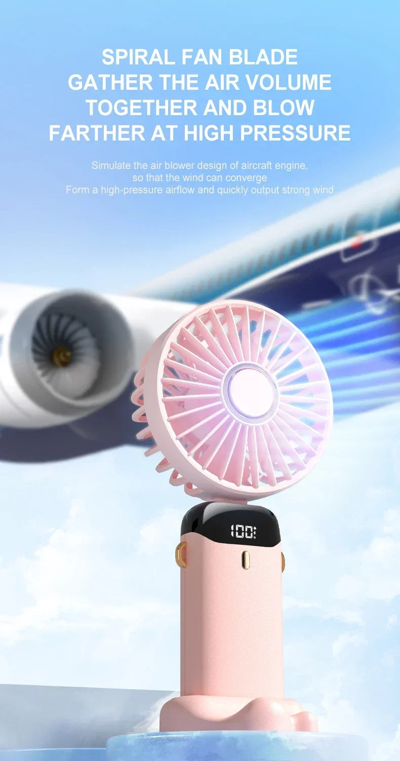 Portable 5 Speed USB Fan with Phone Holder & Digital Display- Rechargeable, Quiet & Powerful