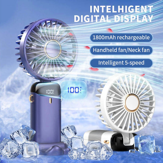 Portable 5 Speed USB Fan with Phone Holder & Digital Display- Rechargeable, Quiet & Powerful