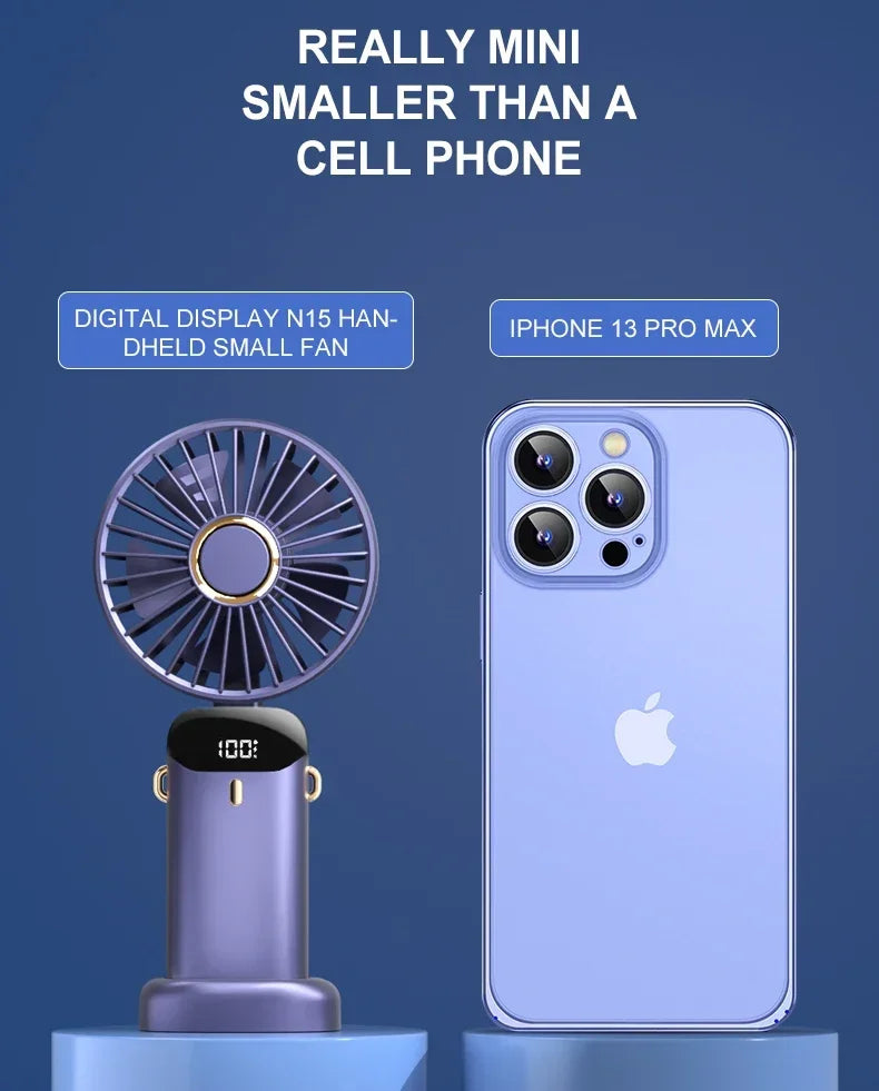 Portable 5 Speed USB Fan with Phone Holder & Digital Display- Rechargeable, Quiet & Powerful