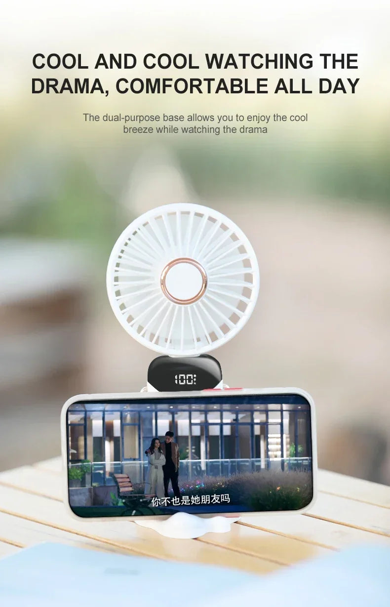 Portable 5 Speed USB Fan with Phone Holder & Digital Display- Rechargeable, Quiet & Powerful