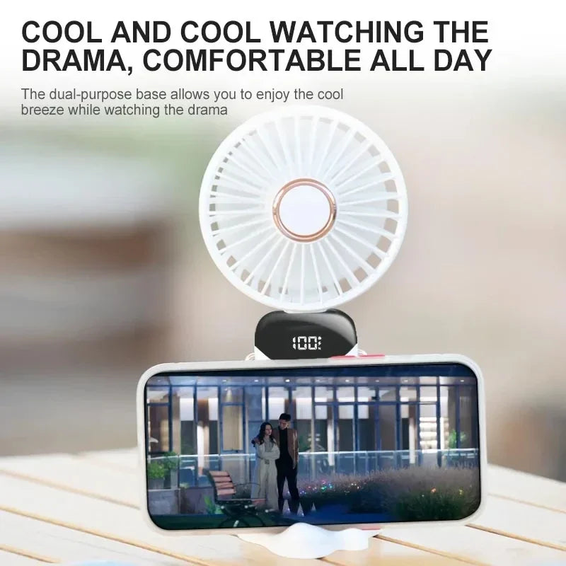Portable 5 Speed USB Fan with Phone Holder & Digital Display- Rechargeable, Quiet & Powerful