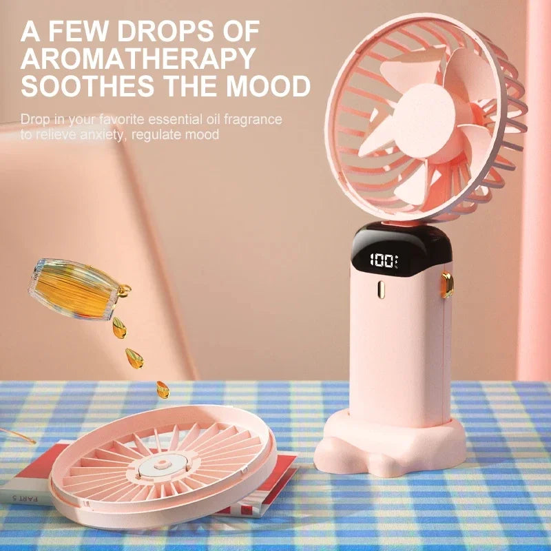 Portable 5 Speed USB Fan with Phone Holder & Digital Display- Rechargeable, Quiet & Powerful