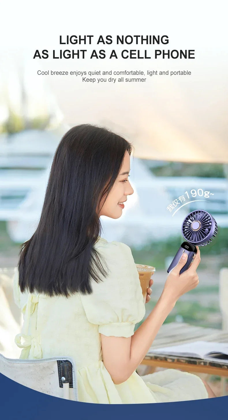 Portable 5 Speed USB Fan with Phone Holder & Digital Display- Rechargeable, Quiet & Powerful
