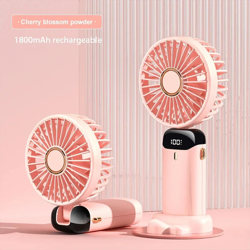Portable 5 Speed USB Fan with Phone Holder & Digital Display- Rechargeable, Quiet & Powerful