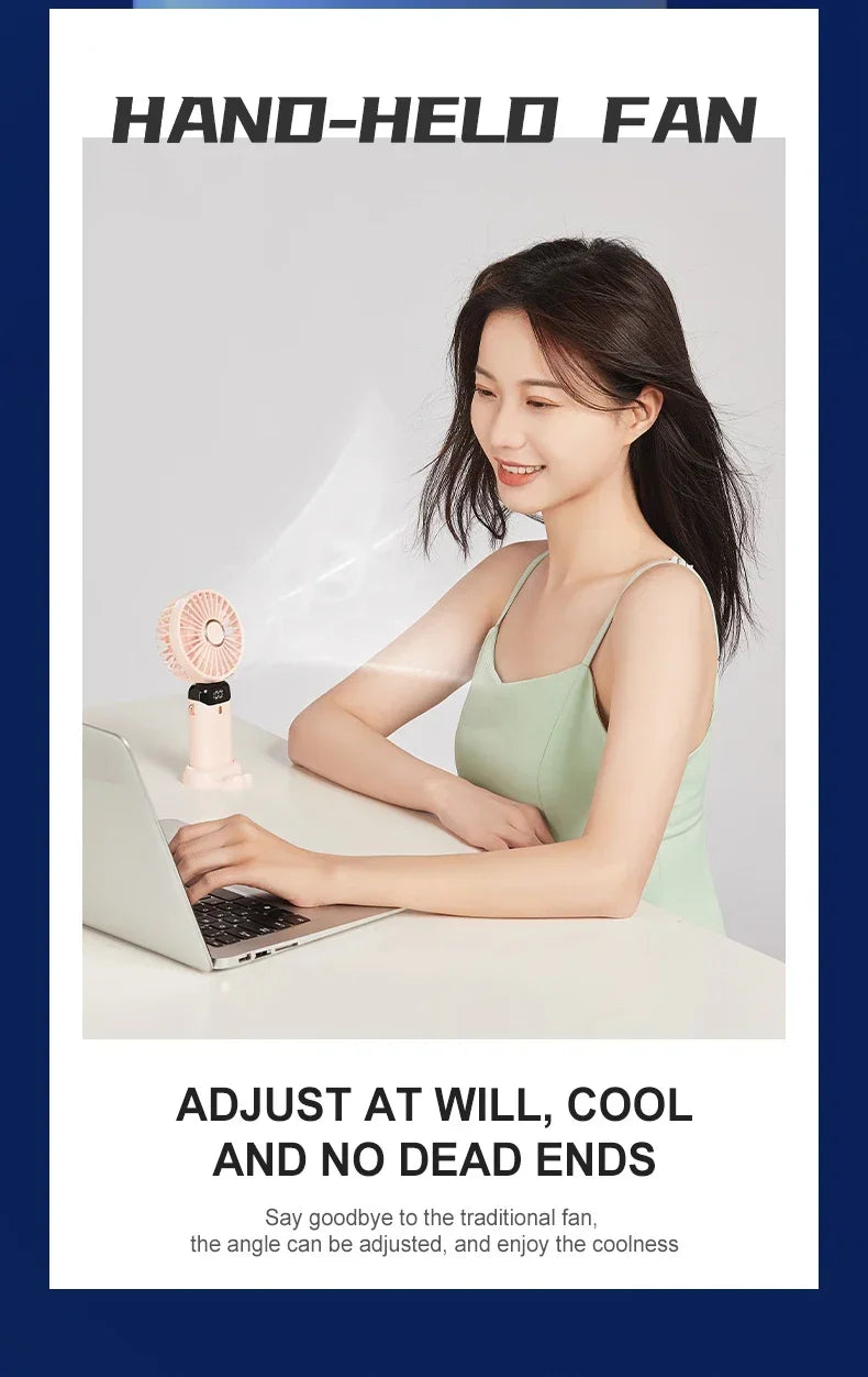 Portable 5 Speed USB Fan with Phone Holder & Digital Display- Rechargeable, Quiet & Powerful